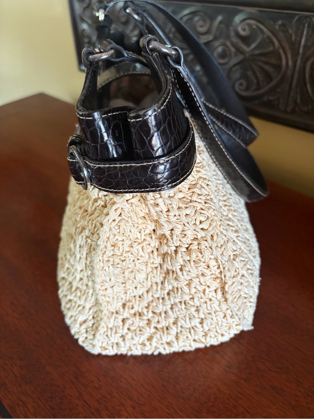 Brighton Straw Handbag with Black Croc-Leather Trim And Brighton Heart Charm - Picture 4 of 11